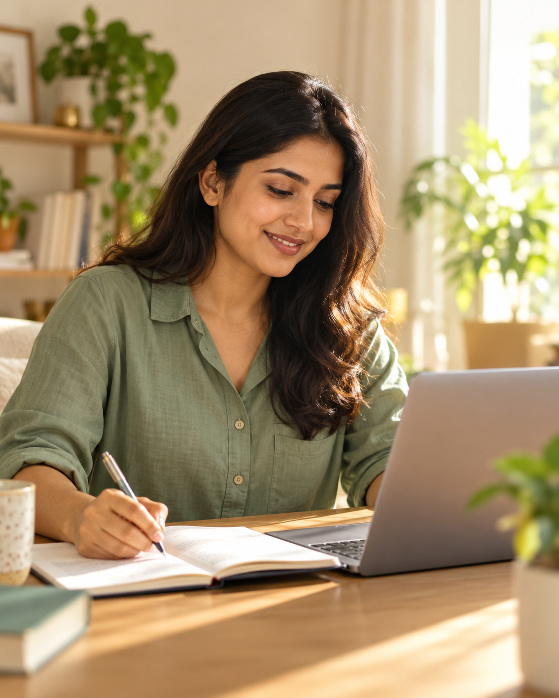 Illustrative scene of a learner taking notes beside her laptop in a sunlit workspace